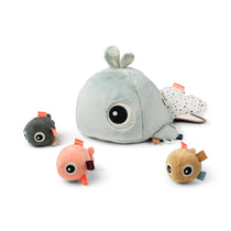 Ein kleiner Fisch mit einem Loch oben, in welchem man andere kleine Fische verstecken kann, die kleinen Fische sind Teil des Spielzeuges.