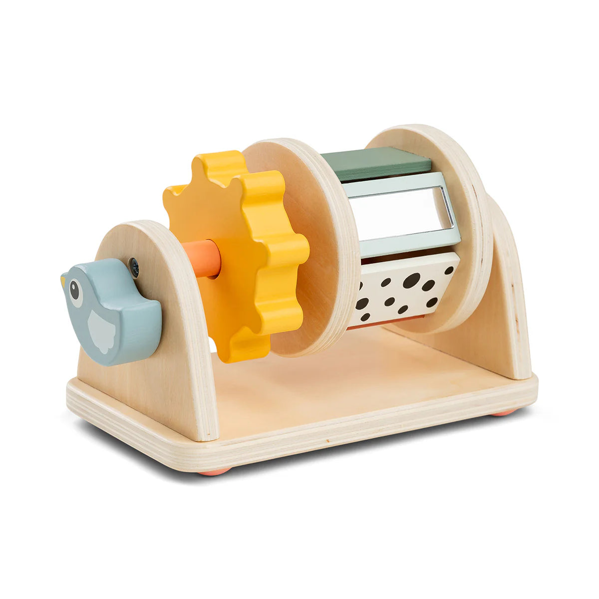 Birdee Activity Spielzeug mit verschiedenen Materialien zur taktilen Stimulation.
